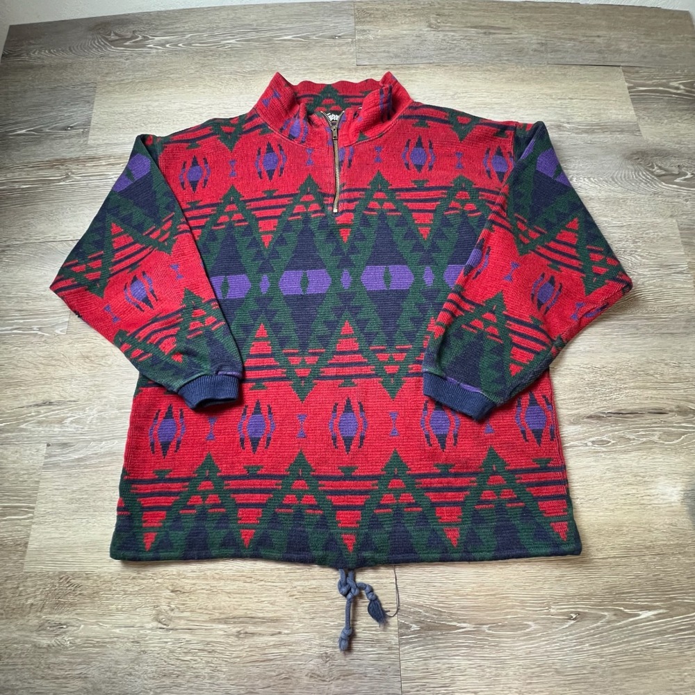 Impact Quarter Zip Sweater Mens Large Red Geometric Southwestern Vintage 90s